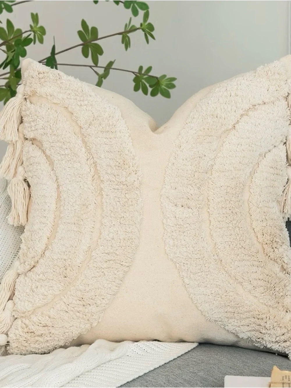 Beautiful Half Moon Accent Boho Tufted Decorative Throw Pillow Cover, bone color